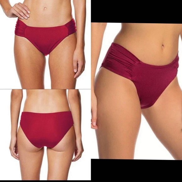 Tahari Swimsuit Large Red Bikini Bottom High‎ Waisted Wide Side Satin Wine NWT - Picture 1 of 9